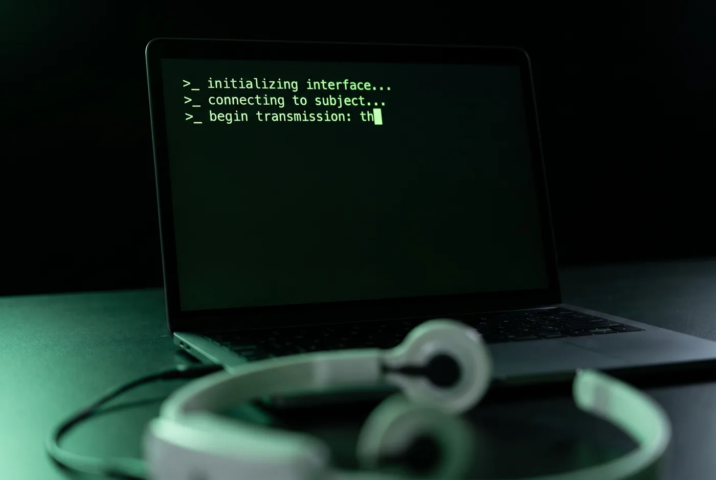 A laptop screen showing text being typed with no hands on the keyboard, an EEG headset blurred in the foreground